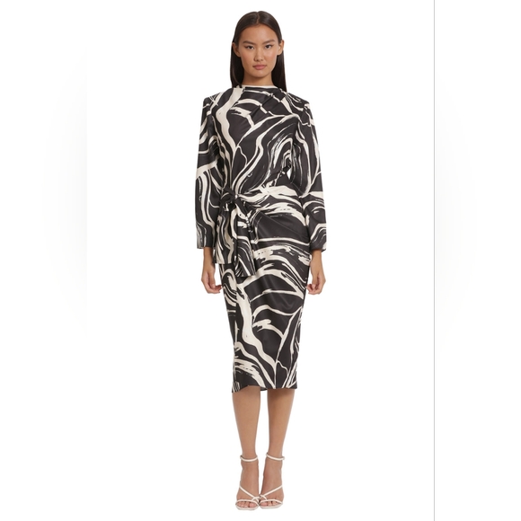 Donna Morgan Tied Waist Marble Print Midi Dress - Picture 1 of 6